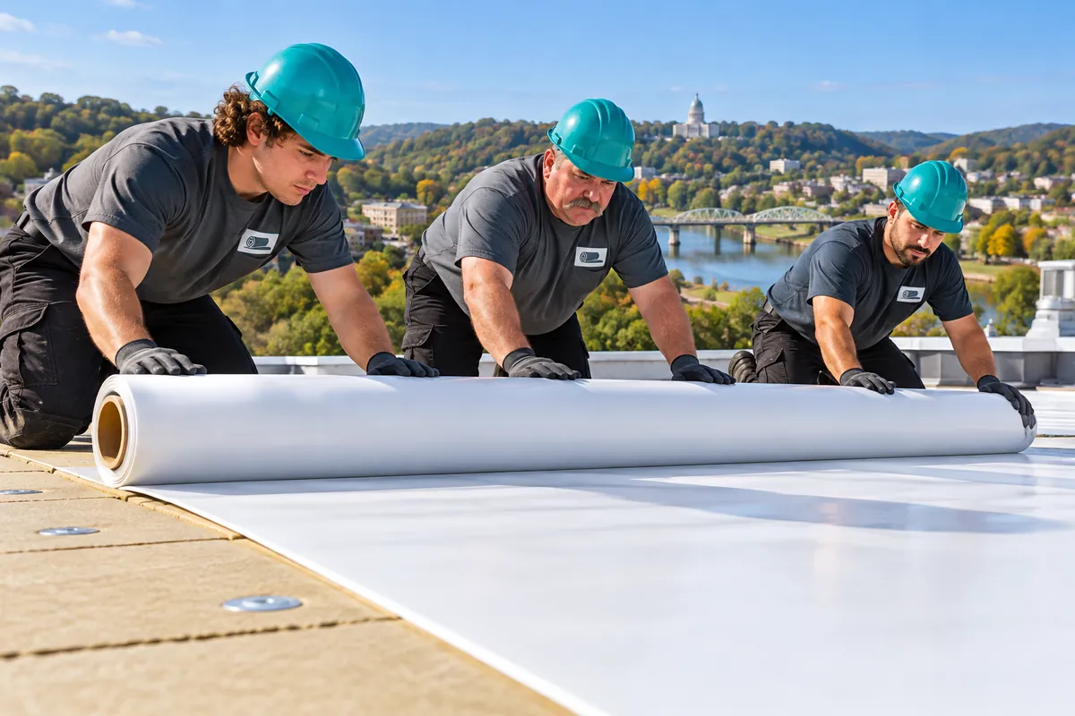 Roofing crew welding seams on a white TPO membrane roof