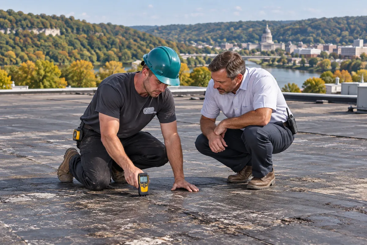 Roofer walking a commercial flat roof to check seams and drains