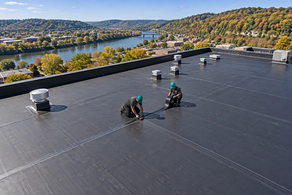 Crew rolling out black EPDM rubber membrane on a flat roof