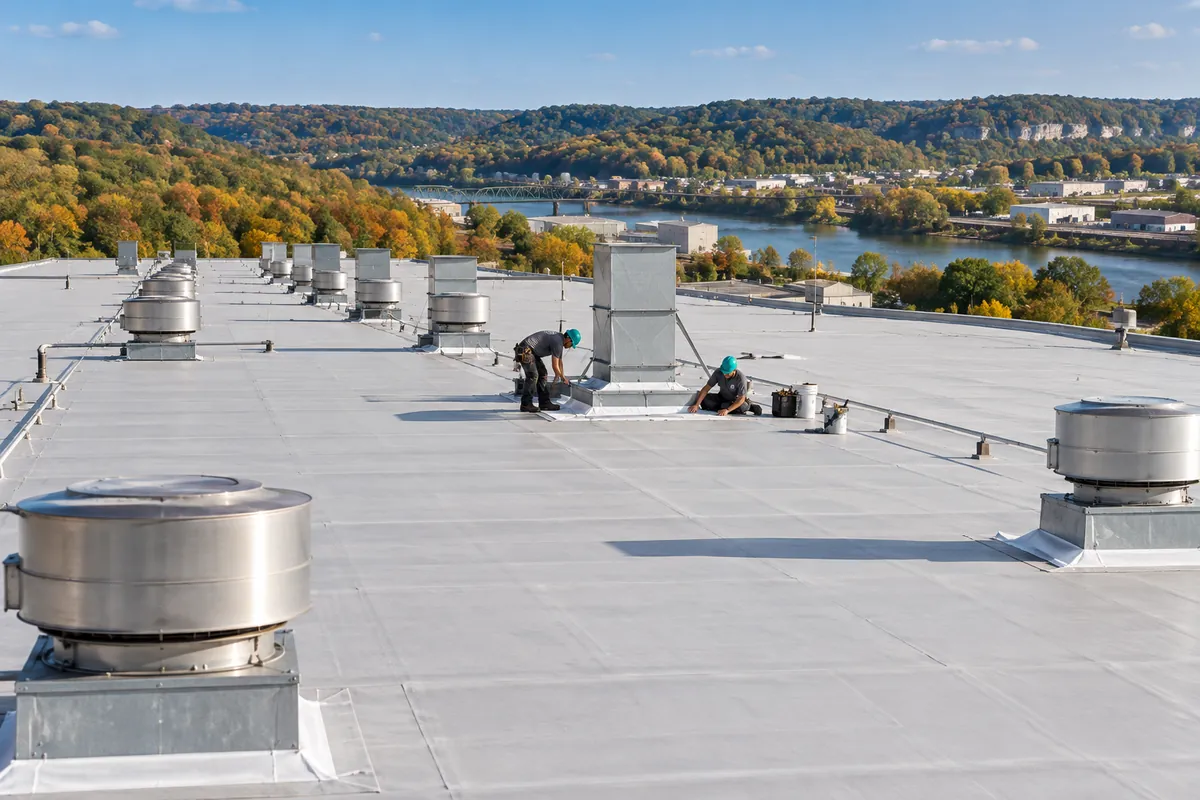Roofers working on a large industrial roof with rooftop units