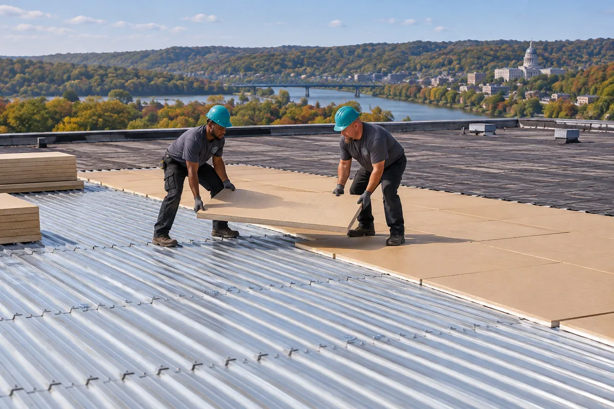 Crew tearing off an old commercial roof down to the deck